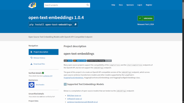 Screenshot of open-text-embeddings Python Library